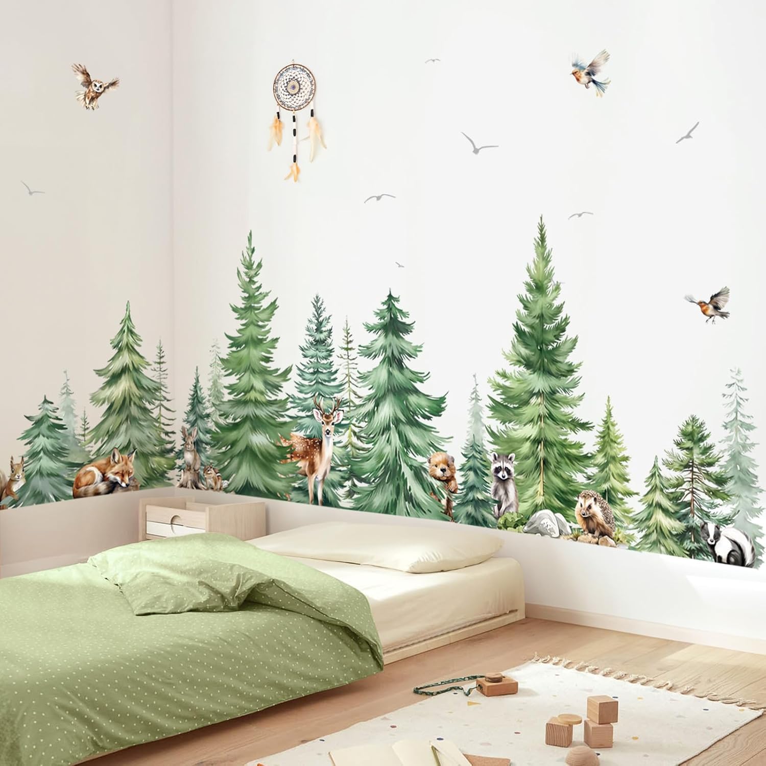 Baby Nursery Furniture - Large Watercolor Pine Tree Animals Wall