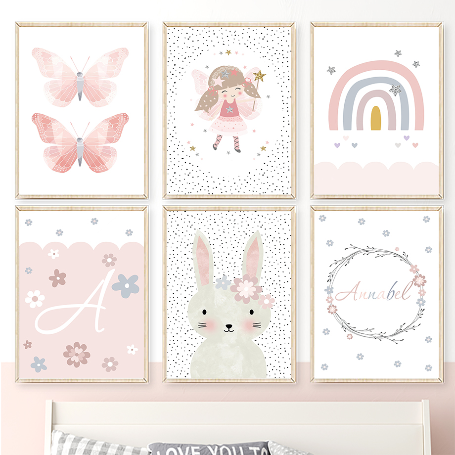 Baby Nursery Girl Room - Cute Girl Rabbit Flower Butterfly Rainbow
