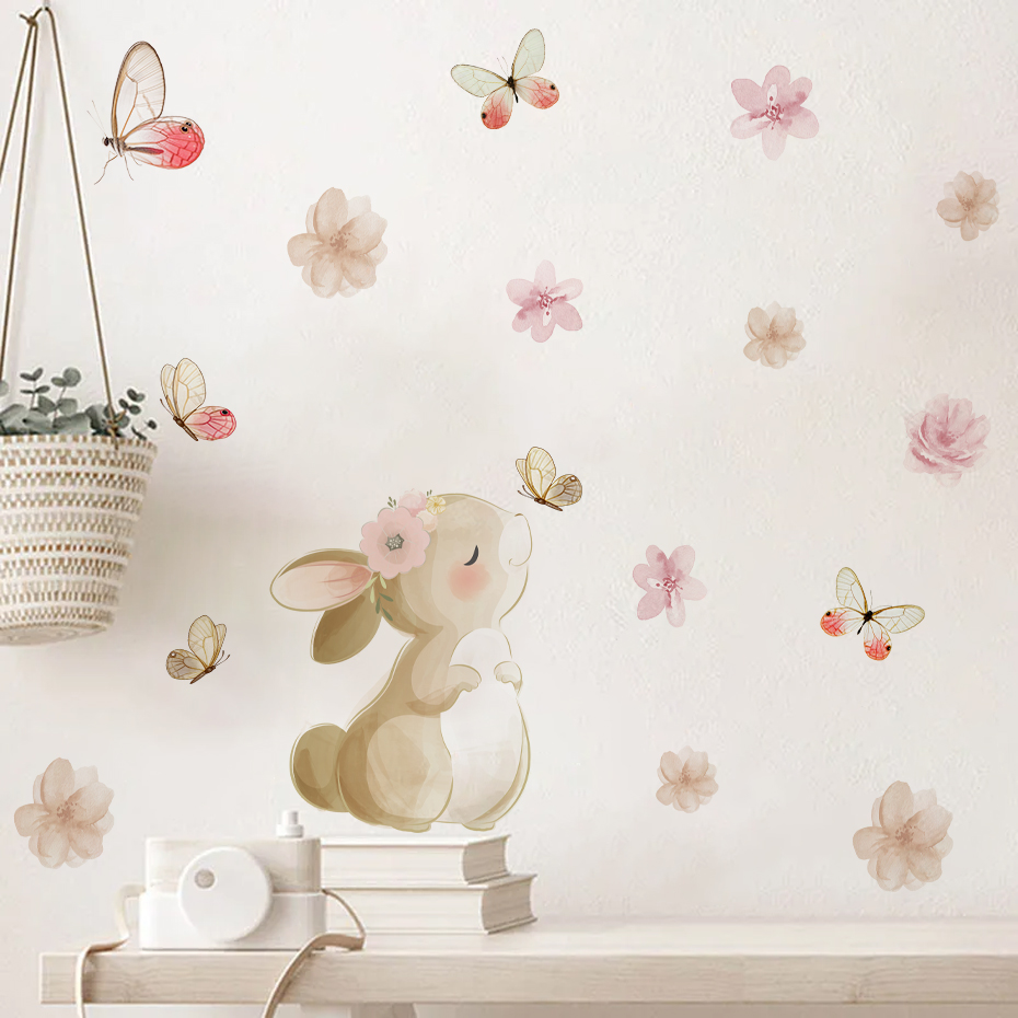 Cartoon Rabbit Flowers Butterf - Baby Nursery Girl Room recension och pris