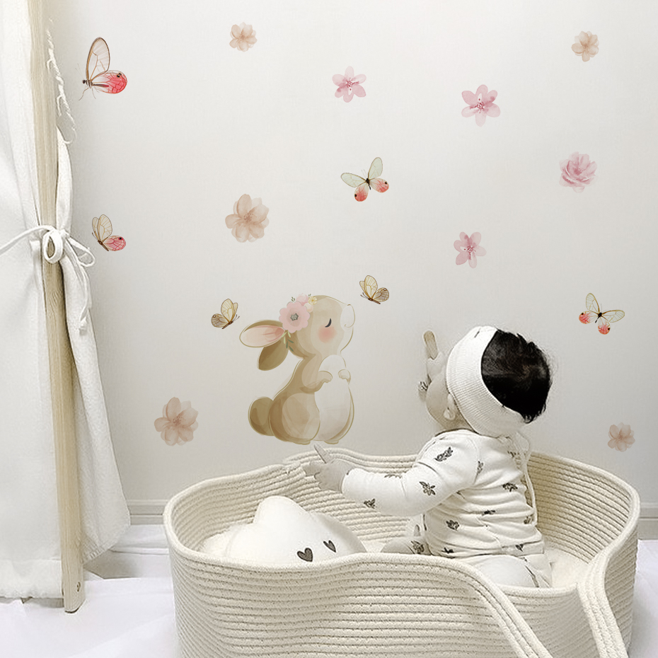 Cartoon Rabbit Flowers Butterf - Baby Nursery Girl Room recension och pris