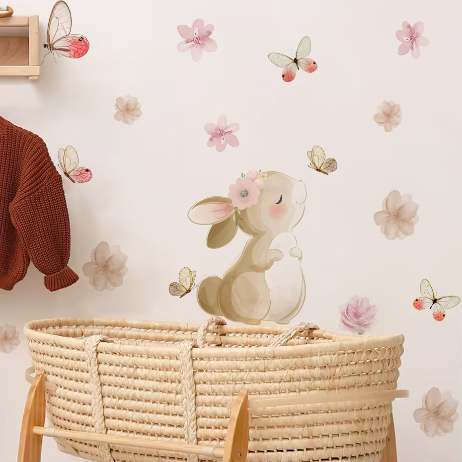 Cartoon Rabbit Flowers Butterf - Baby Nursery Girl Room recension och pris